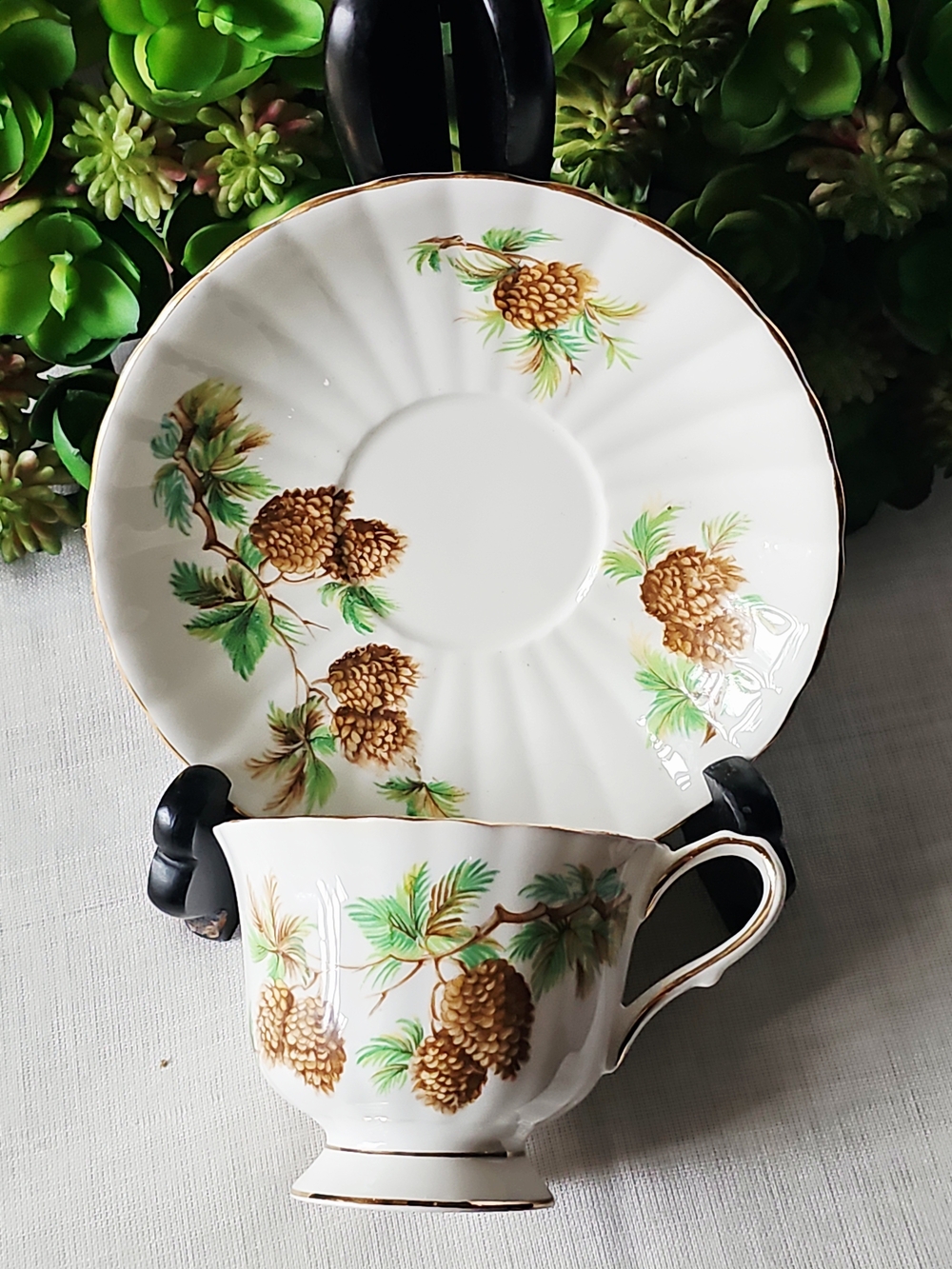 Vintage CLARENCE Made In England Bone China Teacup & Saucer Set Pinecone Motif